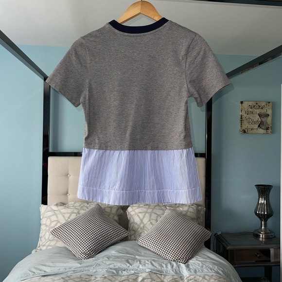 Carven Grey T-shirt Blouse Two In One with Pinstripe Flared Hem Dressy Casual XS - Picture 8 of 8